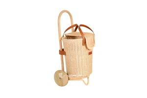 Vintage Hand Woven Rattan Picnic Trolley Storage Basket for Living Room & Kitchen
