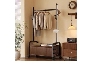 Modern Home Furniture Floor Standing Coat Rack with Basket and Wheels Indoor Storage Clothes Rack
