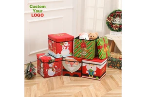 Foldable Christmas Storage Box Waterproof Dustproof Cartoon Ottoman Cube Toy Box Kids Holiday Gift Organizer