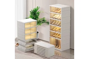 Family Shoes Storage Box 5 Tier Foldable Shoe Rack Organizer for Closet 12-20 Pairs Plastic Collapsible Shoes Storage Box