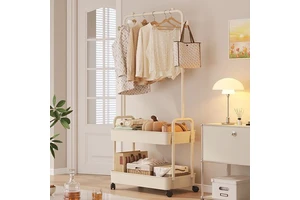 Simple Cream Style Double-Tier Indoor Metal Coat Rack for Living Room Movable Household Clothes Hanger Good Storage for Bedroom