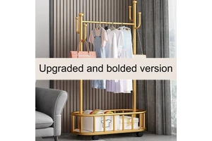 Modern Iron Floor-standing Coat Rack Storage Shelves Wheels-Portable Space-Saving Heavy Duty Eco-Friendly Living Room Bedroom