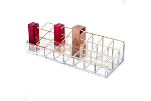 Cosmetic Organizer Acrylic Beauty Makeup Storage Box Golden Edged Lipstick Holder Lip Balm Holder Small Desktop Display Vanity