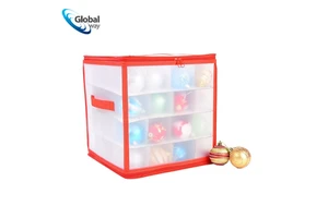 Premium 64 Grid Christmas Ornament Storage Box, Red & Clear Window Organizer with Carrying Handle for Baubles & Holiday Decor