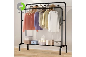 Hot Sale Double Tier Multifunctional Iron Non-Folding Coat Rack Floor Type Movable Bottom Shelf Customized Color Storage Holders