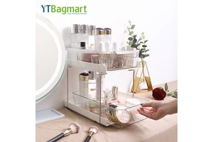 2-Tier Plastic Multi-Purpose Cabinet Organizer With Drawer Pull Out Under Sink Storage for Kitchen Stands Installation