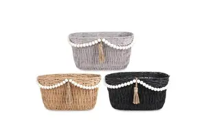 Hand Woven Paper Rope Storage Basket with White Bead Tassel Trim Eco Friendly Farmhouse for Home Retail Office Storage Decor