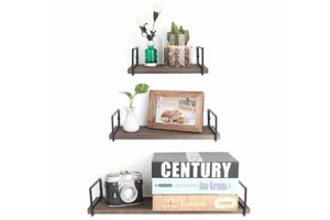 Single Tiered Floating Shelf Rack Three-Piece Wooden Wall Mounted for Bathroom Living Room for Kitchen Spice Pot Storage Design