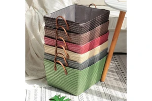 Rectangular Woven Storage Container with Handles, Collapsible Rattan Basket for Toys, Blankets, Space-Saving Design