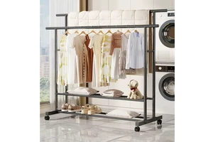 OEM/ODM Vietnam Double Rod Metal Coat Rack with Lockable Wheels Shoe Storage Shelf Garment Organizer Stand