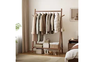 US Stock Muwuele Rubberwood Rolling Hanging Clothing Rack with Shelves 350 Lbs Load Capacity Portable Closet Organizer GYJ033