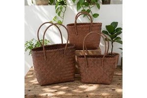 Modern Woven Storage Basket Handmade Wicker Basket Eco-Friendly Storage Rattan-Style Organizer Multi Purpose Basket with Handles