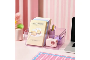 Double Handles Clear PET Storage Basket Multifunctional Bathroom Vanity Makeup Toiletry Organizer Bin Cosmetic Storage Box