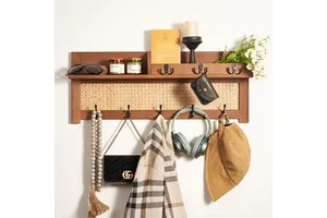 Wooden Entryway Wall Organizer Wall Mount Key Holder Coat Rack With Storage Shelf 8 Hooks Hallway Mudroom Wall Hanging Rack