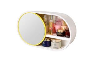 Wall-mounted Cosmetic Storage Box with Mirror Waterproof Makeup Organizer Plastic Bathroom Shelves