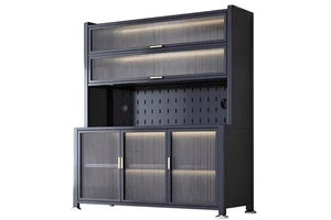 6-Tier Movable Metal Kitchen Storage Cabinet Pegboard Countertop & 3 Doors Multi-Functional Organizer Rack for Kitchen