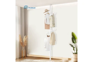YIJIALE Ready To Ship Wholesale Tension Pole 4Hooks Coat Stand Punch-Free Tool-Free Assembly Balcony Corner Coat & Bag Rack
