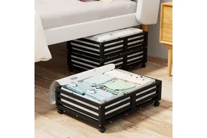 Black Bamboo Under Bed Storage Containers Underbed Organizer with Wheels, Under Bed Storage Organizer Drawer