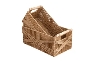 Handcrafted Woven Sloped Front X-shaped Storage Basket Set Nesting Rectangular Paper Rope Closet Bins Natural Wood Handles