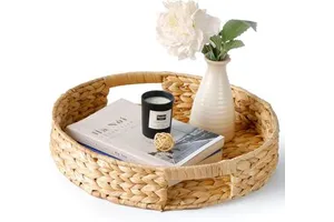 Wicker Storage Basket Hand-woven Water Hyacinth Large Round Woven Basket with Handle, Wicker Basket Is Used for Organizing