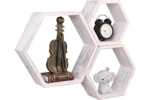 Antique wooden wall mounted hexagonal suspended storage rack honeycomb rack for kitchen and office wall decoration