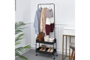 New Design 2 in 1 Garment Rack Rolling Storage Cart Coat Rack Clothing Rack with 2 Tier Metal Basket