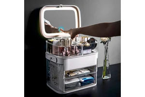 Factory Direct Sales Plastic Multifunction Cosmetic Storage Box Makeup Organizer Make up case With Light Mirror