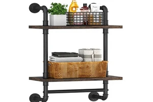 Industrial Floating 2-Tier Wall-Mounted Towel Rack Storage Shelf Iron Rust Proof Space Saving Retro Design Bathroom Kitchen