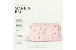 Custom Logo Portable Travel Makeup Bag Water Resistant Large Capacity Cotton Quilted Zipper Hasp Closure Soft Handle Cosmetics