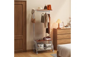 Medieval Style Rubberwood Floor-standing Coat Rack for Bedroom Entryway 2026 New Model Movable Storage Rack for Used Clothes