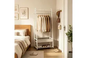 Portable Double Layer Metal Coat Rack Foldable Iron for Bedroom Office Living Room Clothes Pants Shoes Storage Space-Saving