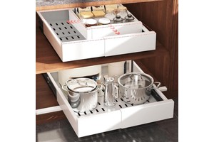 4-side Expandable 14"-21"W 17"-24"D 3 Rails Adjustable Adhesive Slide Pull Out Cabinet Organizer Cupboard Roll-Out Drawer Shelf