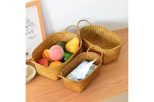 Woven Storage Basket with Handle Wicker Picnic Basket Sundries Organizer Woven Laundry Basket Seaweed Box Kitchen Fruit Organize