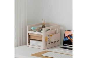Double Desktop Storage Shelf Square PP Plastic for Office Stationery Cosmetics Kitchen Bathroom Organization Office Accessories