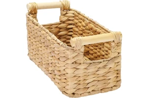 Large Hand-Woven Water Hyacinth Storage Basket with Wooden Handles, Rectangular Wicker Organizer Bin for Home, 37x22x20cm
