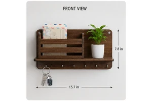 Wood Wall Shelf Single Tier With Hooks And Plant Holder Minimalist Storage Rack For Keys And Decor