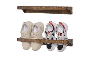 MyGift Set 2 Tier Solid Wooden Wall Mounted Shoe Rack Storage Organizer Rustic Burnt Wood Finish Hanging Footwear Holder Holds 4