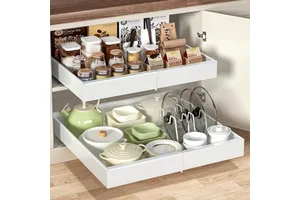 2 Pack Pull Out Cabinet Organizers Expandable Heavy Duty Slide Out Drawer for Kitchen Cabinet Fixed with Adhesive Nano Films