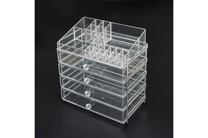 Large Clear Acrylic Cosmetic Storage Box 4 Drawer Makeup Organizer with Lipstick Holder for Vanity Bathroom Countertop