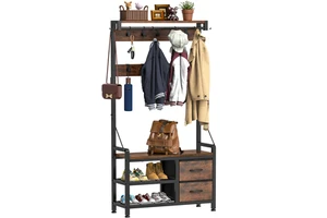 Factory Direct Rustic Brown Metal Coat Racks with Entryway Bench Storage Shelves for Hanging Clothes and Bags