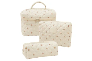 Custom Quilted Makeup Bag 3 Set Flower Pattern Zipper Toiletry Cosmetic Bag Soft Large Case Storage Organizer Cute Floral Pouch