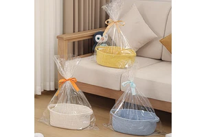 Instock Small Woven Basket with Gift Bags and Ribbons Cotton Rope Basket for Storage Toy Gift Baskets with Handles