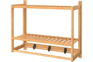 Bamboo Wall Shelf with Towel Bar 3 Hooks Wall Mount Storage Shelves 2 Tier Organizer Rack Natural