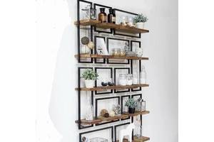 Minimalist Rustic Brown and Black Metal Frame and Wooden Wall Hanging Storage for Home