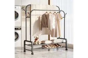Double-Rod Metal Rolling Clothing Rack 2-Tier Storage Shelves Standing Coat Rack Bag Storage Multifunctional Modern Design 150cm