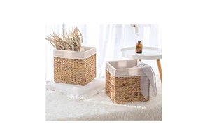 Rectangular Water Hyacinth Basket with Lining Large Hand Woven Baskets for Cube Storage Wicker Storage Baskets