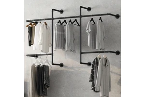 Heavy-Duty Industrial Pipe Coat Rack with 5 Hanging Rods Wall-Mounted Metal Closet Storage Clothing Store Home Storage Rack Y-06