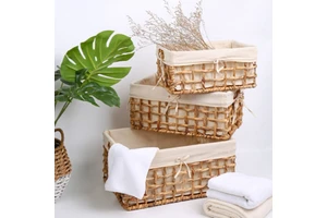 Handwoven Eco-Friendly Folding Rectangular Seagrass Storage Basket with Water Hyacinth Liner Straw Pantry Shelf Organization Set