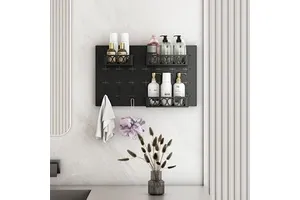 Black Three-Basket Wall Storage Shelf with Three Hooks