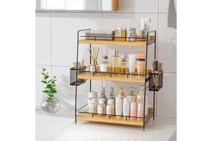 CF Waterproof Rust-proof Metal Wood 3 Tier Kitchen Vanity Makeup Bathroom Counter Shelf Countertop Organizer Storage With Basket